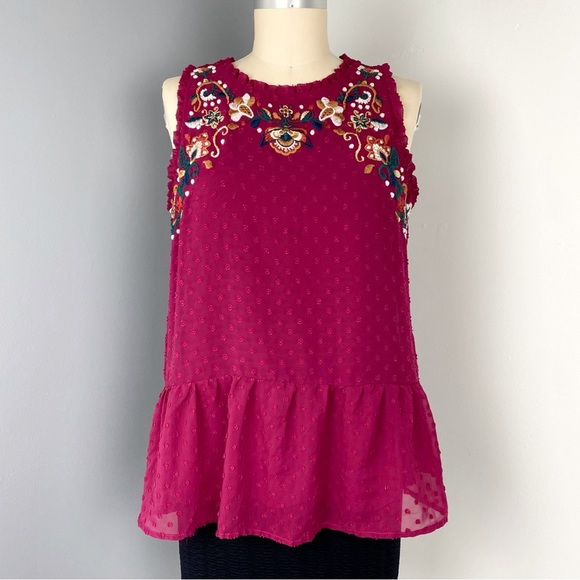 Eyeshadow Tops - Eyeshadow Women's Embroidered Floral Details Sleeveless Blouse Berry Size L